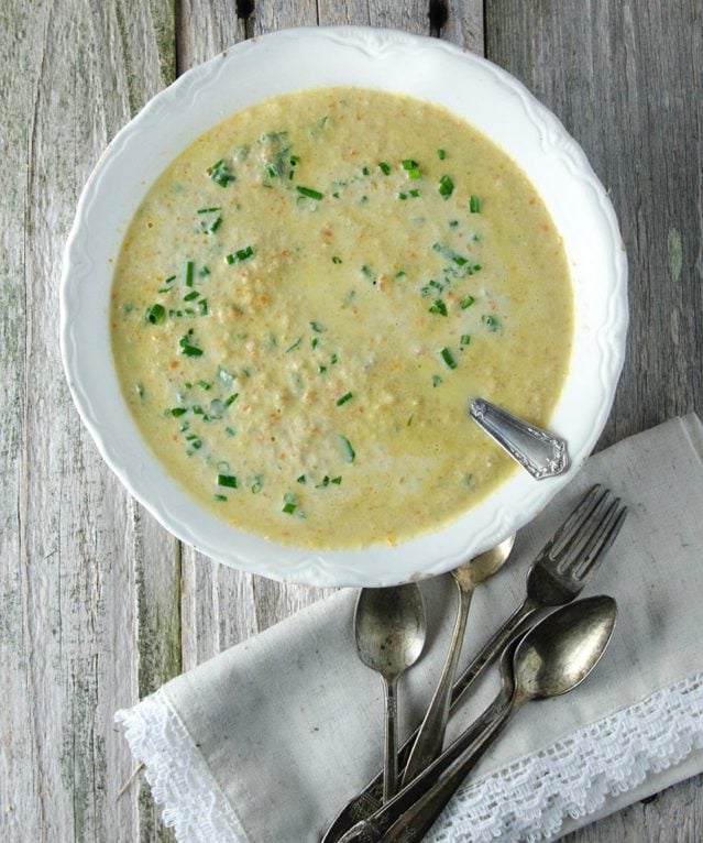 Homemade Cream of Chicken Soup using fresh herbs, chicken, vegetables, egg yolks and cream. This is made the traditional way, without flour for a naturally gluten-free cream of chicken soup.