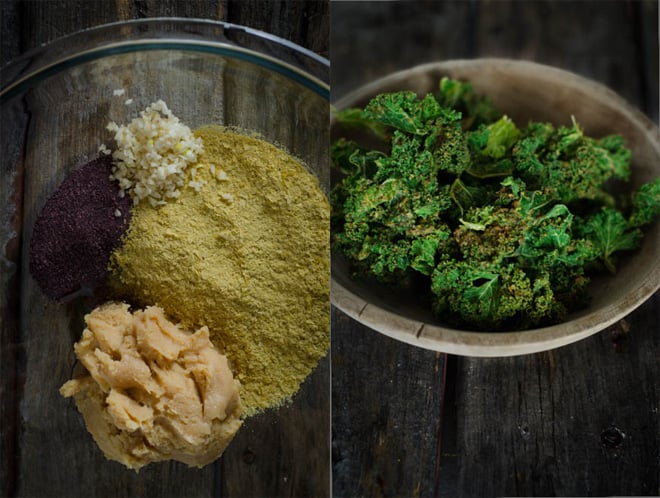 Cheesy Kale Chips: Easy to make with curly kale, nutritional yeast, dulse, miso, garlic, olive oil and sea salt. kale chipes