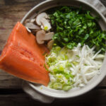 Salmon nabemono with leeks in a nabemono pot