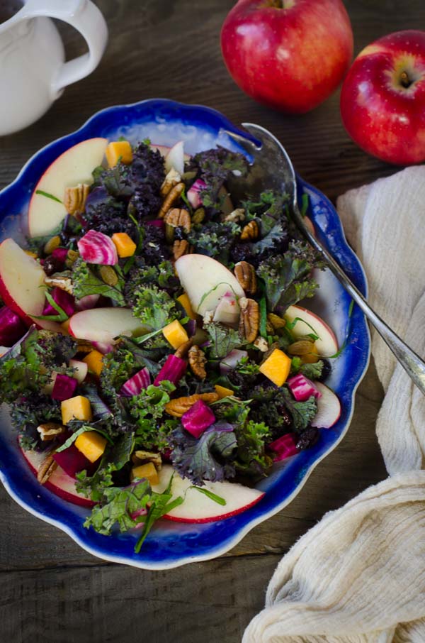 Autumn Salad: Kale, Apples, Butternut Squash, Beets, Pecans, Dried Fruit, and Kombucha Honey Mustard Dressing