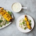 Turmeric Chicken Kebabs over Basmati Rice with Charred Green Onions