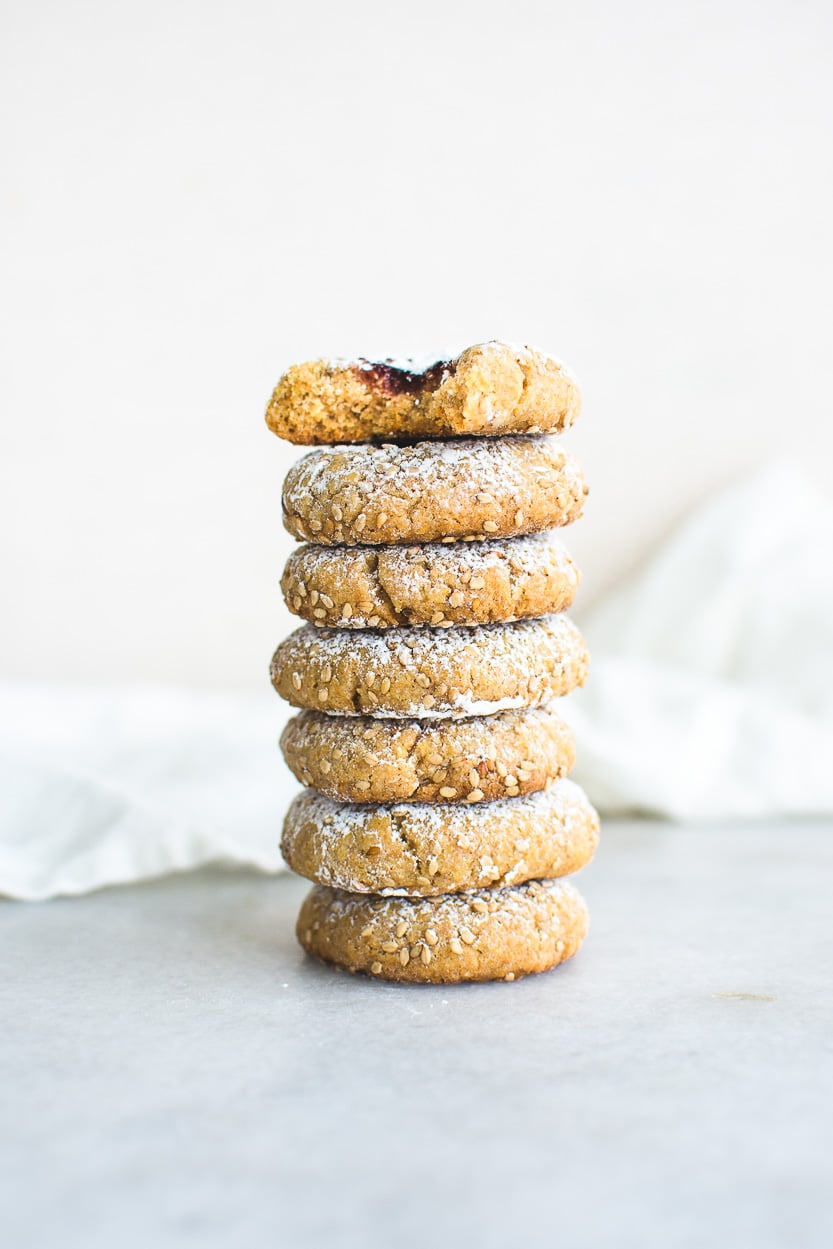 Spelt Thumbprint Cookies made with whole grain spelt flour, egg yolks, sesame seeds and natural sweeteners.