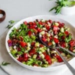 Tomato cucumber salad in white bowl